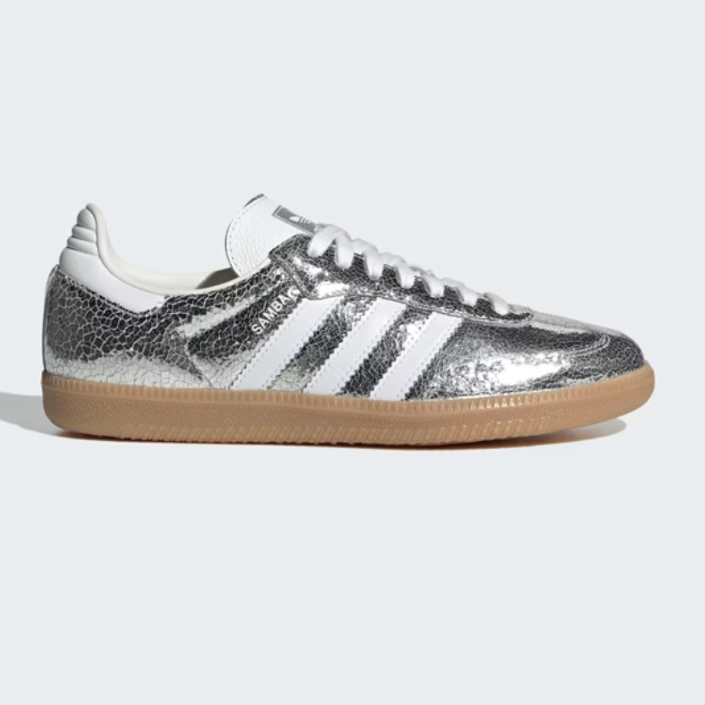NIB Women's Silver Adidas Samba Size 7.5, fit like an 8